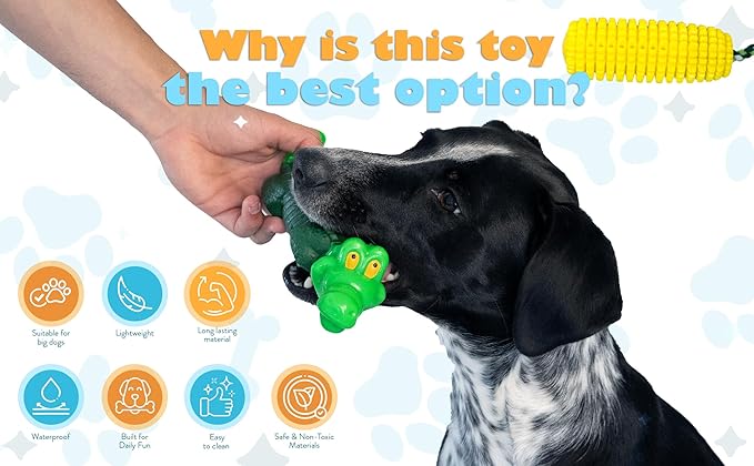 Dog Chew Toys for Aggressive Chewers 2 Pack, Cartoon Alligator and Corn-Shaped Squeak Interactive Dog Toys, Heavy Duty Rubber Chew Toy, Durable Dog Toys for Medium and Large Dog Breeds.