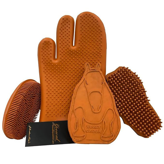 Grewal® Equestrian Grooming Bundle Kit - Comfy Pet Grooming & Bathing Glove - Oval Face Soft Bristles - Great for Thin & Sensitive Skin (Orange)