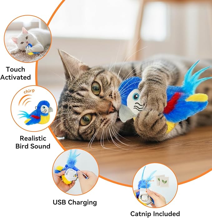 Cat Toys Flapping Bird(Cannot Fly), Electric Simulated Chirping Bird Interactive Kitten Toy with Flappy Wings, Rechargeable Touch Activated Toy with Catnip and Feather for Indoor Cats- Bule