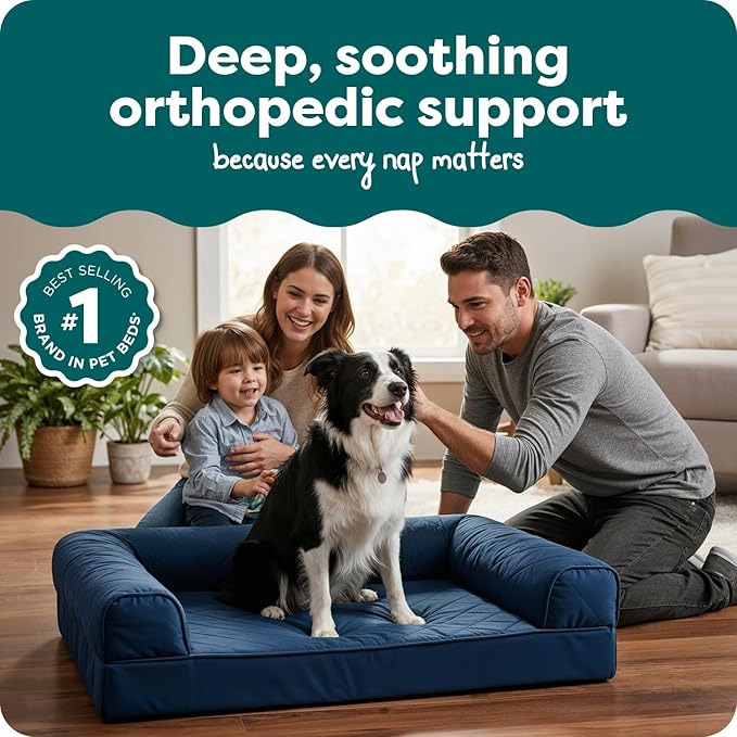 Furhaven Orthopedic Dog Bed for Large/Medium Dogs w/ Removable Bolsters & Washable Cover, For Dogs Up to 55 lbs - Quilted Sofa - Navy (Blue), Large