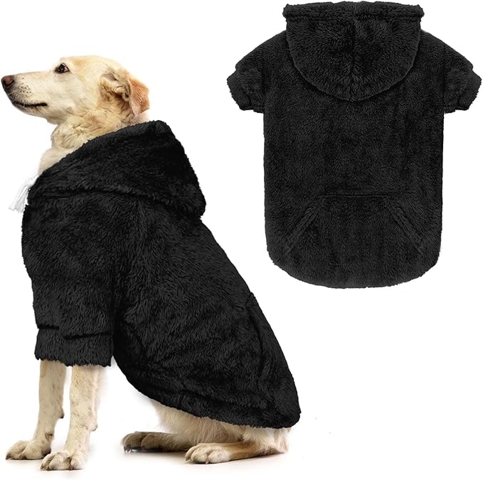 Dog Sweaters for Large Dogs,Dog Hoodie,Warm Fuzzy Fleece Sweatshirt with Hood & Pocket,Leash Hole,Cozy Cold Weather Pet Clothes Sweater Hoodie for Large Dogs(Black,2XL)