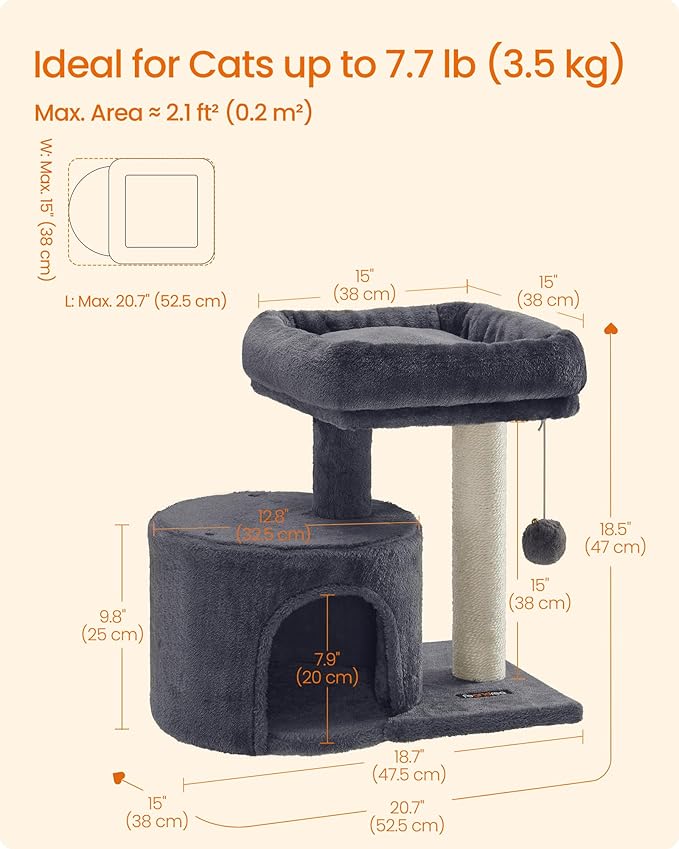 Feandrea Cat Tree Tower with Sisal Scratching Post, Cat Condo with Padded Perch, for Small Spaces, Kittens, Smoky Gray UPCT50G