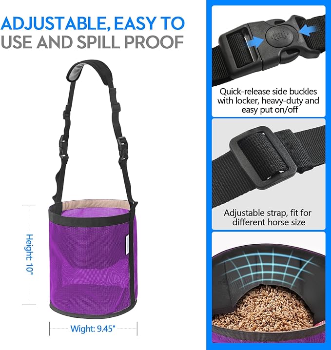 Horse Feed Bag Pack of 2, Feed Bags for Horses with Ventilation Mesh, Comfort Nose Pad Neck Pad, Adjustable Strap, Spill Proof Design for Independent Feeding Grain, Supplements (Purple)