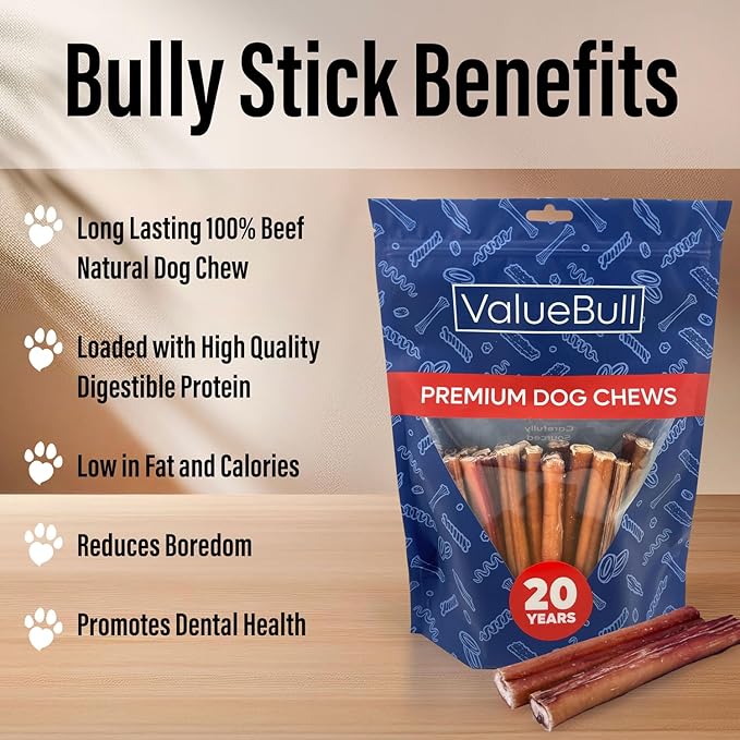 ValueBull Bully Sticks for Dogs, Medium 6 Inch, 50 Count - All Natural, Grass Fed, Single Ingredient, Long Lasting Dog Treats