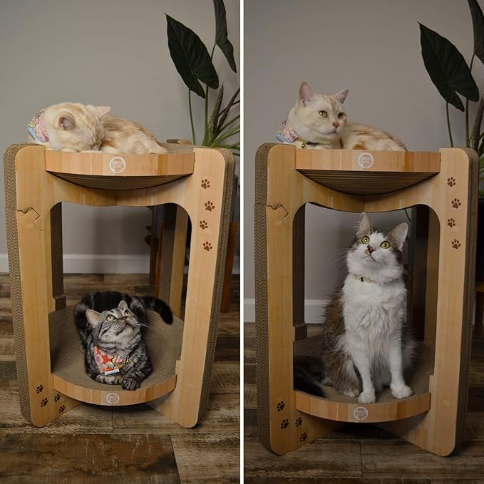Necoichi Cat Scratcher Tower for Indoor Cats - Cat Scratching Post Lounger with Reversible Usability and Extra Comfort for Lounge, Cardboard Bed Couch / (XL, Oak)