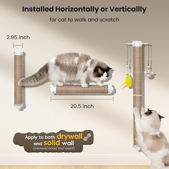 SVD.PET 20.5" Cat Scratching Post Wall Mounted With Hanging Toys, Jute Scratcher for Indoor Large and Small Cats, Wall Furniture