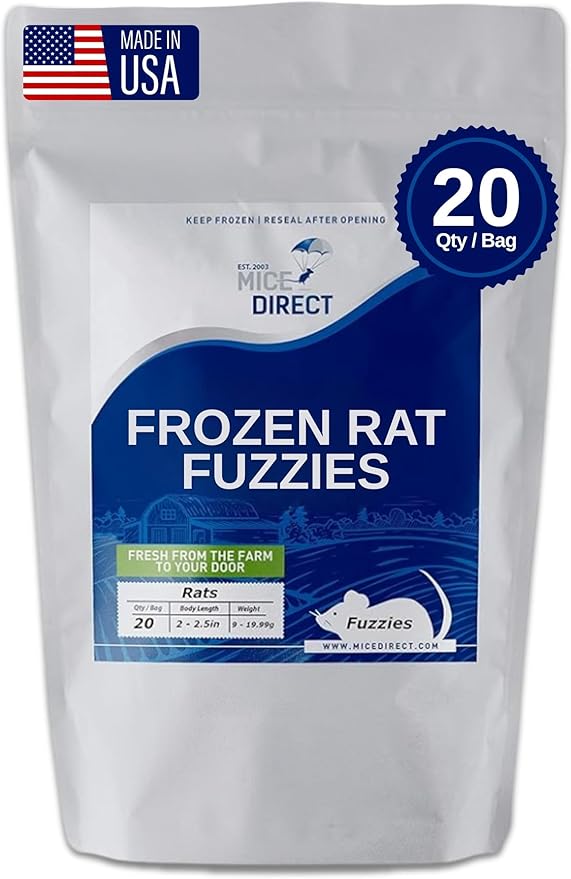 MiceDirect 20 Frozen Rat Fuzzies Feeders Snake Food for Adult Corn Snakes Ball Pythons (2-2.5 in)(180 Grams Min) (20 Count)