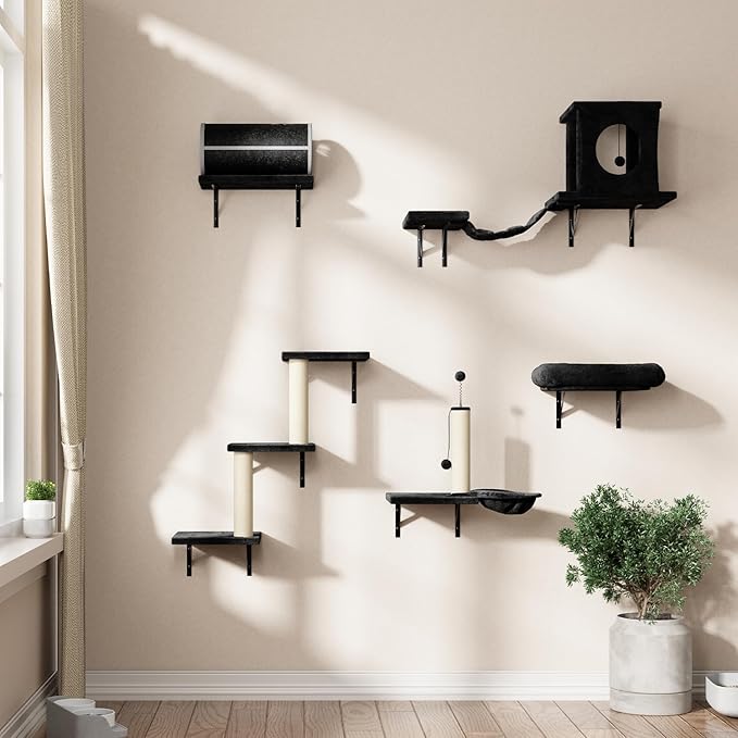 7-in-1 Wall Mounted Cat Climber Set, Cat Furniture with House, Tunnel, Bridge, Steps, Scratcher, Hammock, Shelves for Indoor, Black