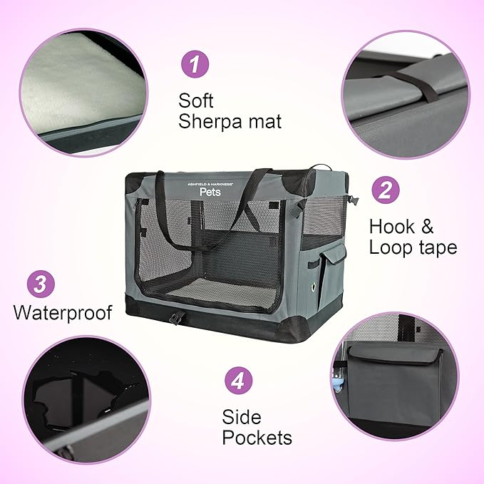 Ashfield & Harkness: Collapsible Soft Dog Crate - 36" - Gray, Sherpa Lined Mat, Durable Mesh Windows, Portable Foldable Pet Kennel, Indoor & Outdoor