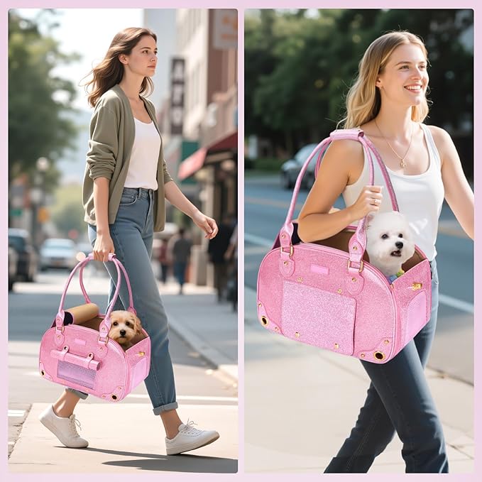 PetsHome Dog Carrier Purse, Pet Carrier, Cat Carrier, Bling Waterproof Premium Leather Pet Travel Portable Bag Carrier for Cat and Small Dog Home & Outdoor Small Bling Pink