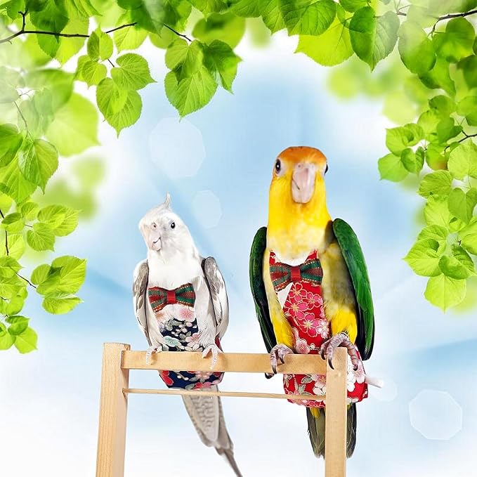2Pcs Bird Diapers Bird Harness Flight Suits with 80in Flying Leash Reusable Parrot Nappy with Waterproof Inner Layer Urine Wet Suite for Cockatiel Budgie Conure Parakeet Lovebird-Red&Black