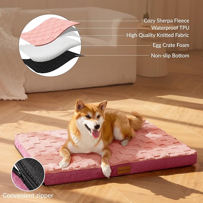 Patas Lague Orthopedic Dog Bed for Small Dogs 20''X15'', Waterproof Soft Warm Comfortable Egg Crate Foam Small Pet Beds Mat with Removable Washable Cover and Nonskid Bottom, Pink