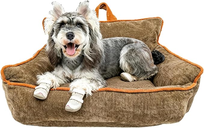 Small Orthopedic Dog Sofa Bed with Sides, Carry Handle & Side Pockets .Plush Chenille Orthopedic Pet Bed Couch for Small Breed Dogs & Cats .Portable Snuggler for Indoor Use, Travel & Recovery