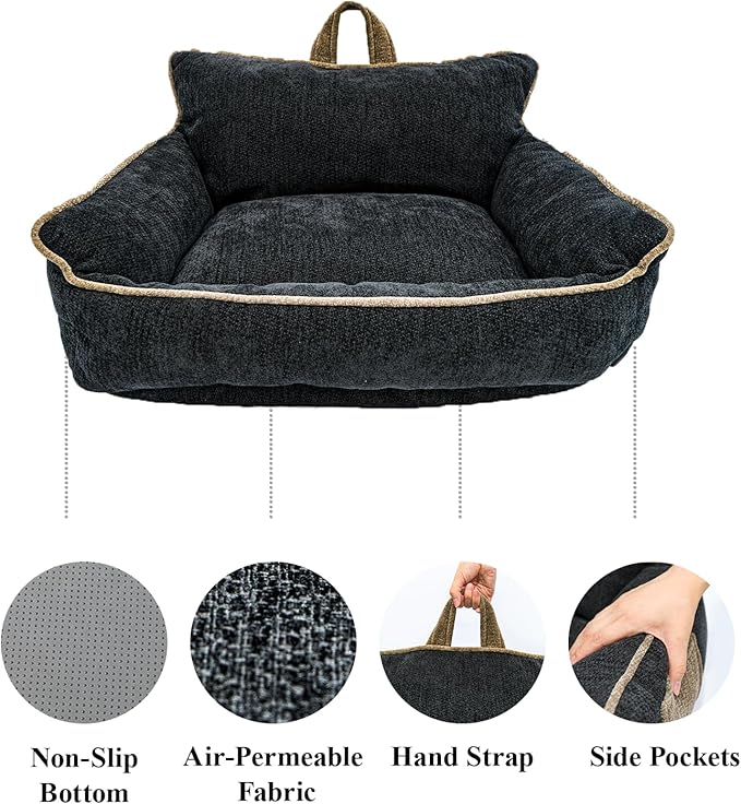 Small Orthopedic Dog Sofa Bed with Sides, Carry Handle & Side Pockets .Plush Chenille Orthopedic Pet Bed Couch for Small Breed Dogs & Cats .Portable Snuggler for Indoor Use, Travel & Recovery
