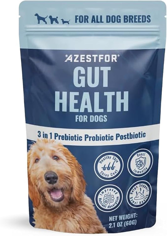 Azestfor Gut Health Supplement for Dogs – 3 in 1 Probiotic, Prebiotic & Postbiotic Blend – Supports Digestion, Immunity & Skin – Easy-to-Use Powder – for All Breeds & Sizes – 60g (30 Servings)