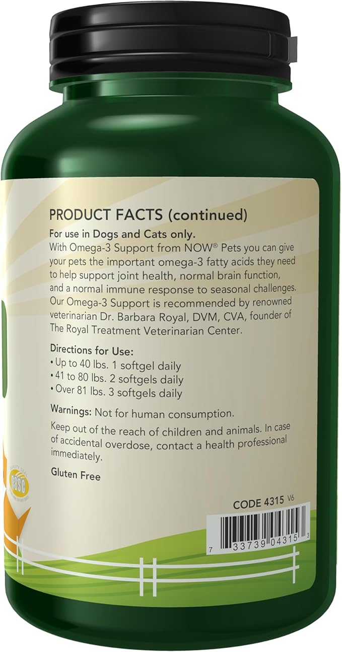 NOW Pet Health, Omega 3 Supplement, Formulated for Cats & Dogs, NASC Certified, 180 Softgels