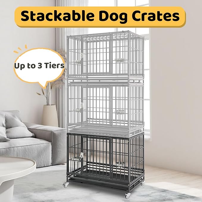 3 Pack Three Tiers 36 Inch Heavy Duty Stackable Dog Crate for Medium Dogs, Indestructible Escape Proof Dog Crate Cage with Bowls & Lockable Wheels, Double Door, Removable Tray and Metal Grids