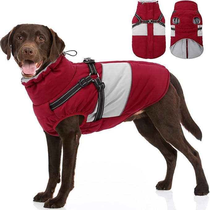SUNFURA Dog Coat, XXXL Dog Jacket Winter with Harness Built in, Waterproof Pet Snow Jacket with Furry Collar for Chilly Day, Reflective Fleece Snowsuit for Extra Large Dogs, Burgundy 3XL