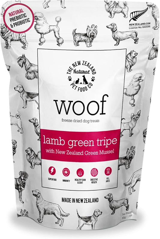The New Zealand Natural Pet Food Co WOOF Freeze Dried Dog Treats - Lamb Green Tripe, High Protein, Large & Small, Topper or Dog Treat - 1.4 oz