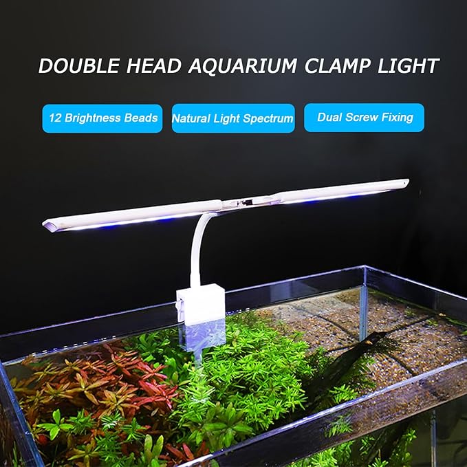 LED Aquarium Light Full Spectrum Clip Fish Tank Light Plants Light 360° Adjustable 2 Light Bar Super-Bright 8W Suitable for 20-40 Gal Fish Tank