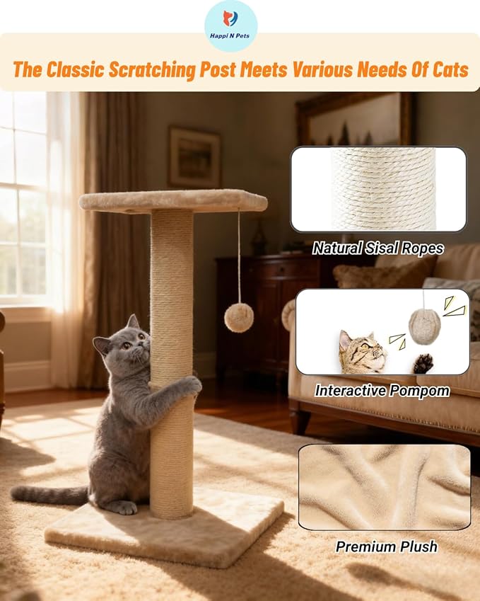 Happi N Pets 26" Cat Scratching Post with Platform, Sisal Cat Tree Tower for Indoor Cats, Featuring with Hanging Balls & Cozy Cat Perch, Stable Cat Scratch Posts for Kittens-Beige