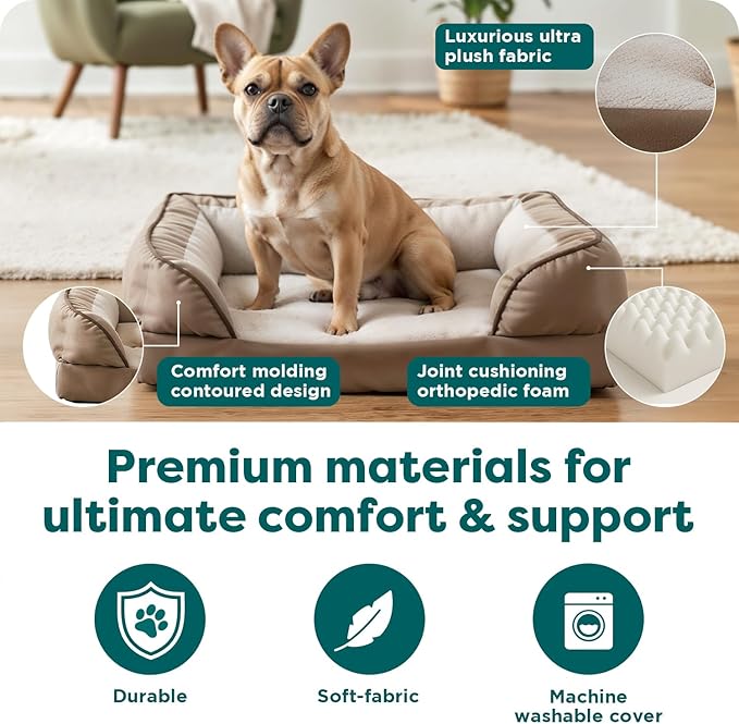 Furhaven Orthopedic Dog Bed for Medium/Small Dogs w/ Removable Bolsters & Washable Cover, For Dogs Up to 35 lbs - Plush & Velvet Waves Perfect Comfort Sofa - Brownstone, Medium