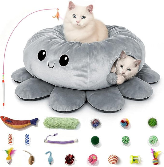 Cat Tunnel Bed for Indoor Cats, Peekaboo Cat Cave Bed, Cat Tunnel Christmas Tree Skirt, Octopus Shaped