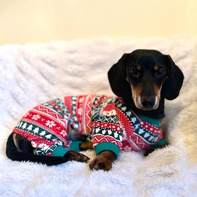 Fitwarm Dog Christmas Outfit, Holiday Pet Clothes for Small Dogs Boy Girl, Festive Pajamas with Feet, Puppy Onesie, Red, Green, XXL