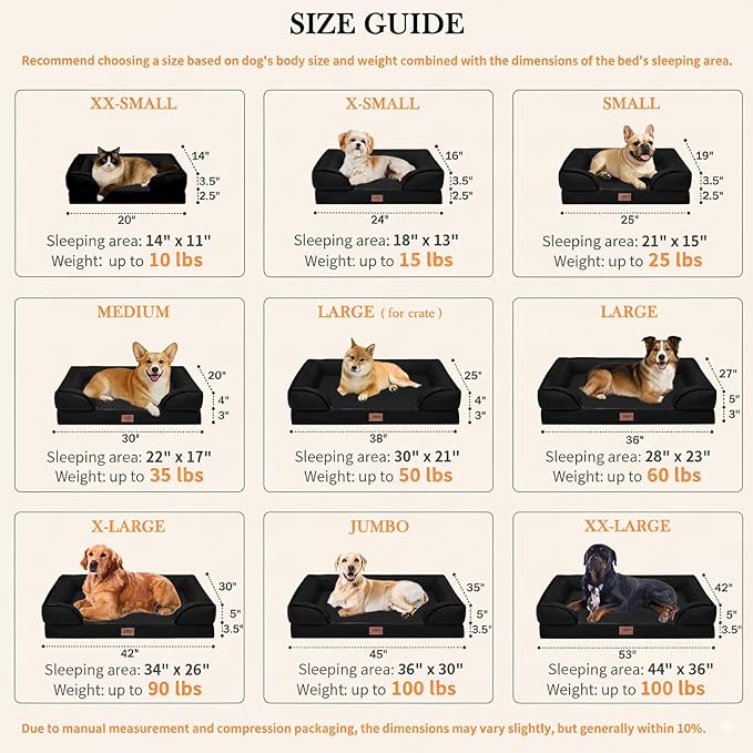 Comfort Expression Orthopedic Dog Bed for Large Dogs 36x27 Inch, Waterproof Supportive Egg Crate Foam Large Pet Bed with Removable Bolsters, Dog Couch with Washable Cover & Non-Slip Bottom, Black