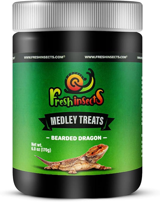 Medley Treat Bearded Dragon Food - Freeze Dried Mealworms, Grasshoppers, Crickets, Quality Tested, Vitamin & Calcium Enriched, Essential Proteins, Fats & Minerals - for Bearded Dragons, Reptiles 6 oz