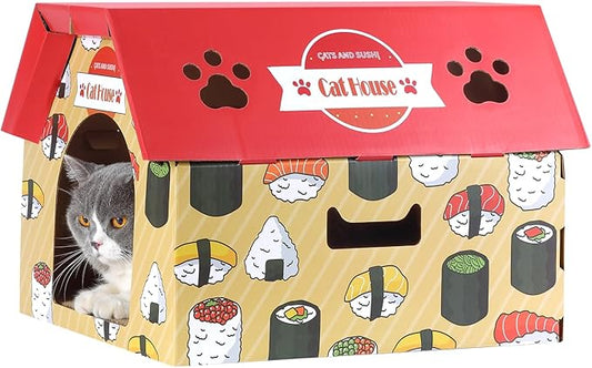 Cardboard Cat House with Scratcher – Red Sushi Carton Cat Box - 18''L x 15.5''W x 14''H for Cats up to 20 Lbs, Sturdy Kitty Playhouse & Hideaway - Indoor Feline Scratch Toy
