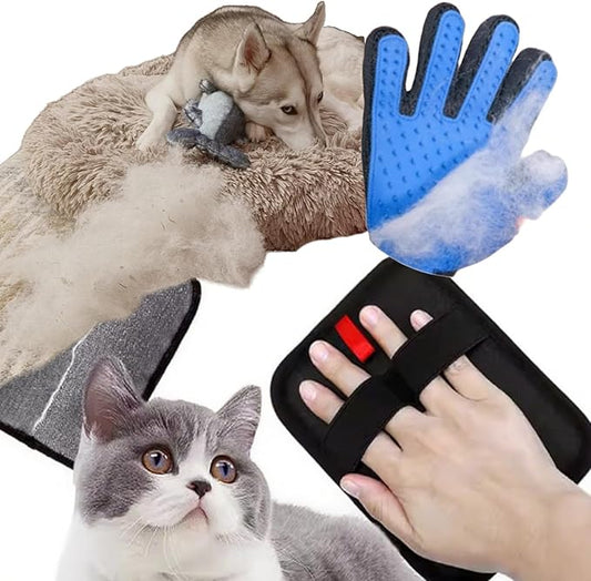 Pet Hair Removal Duo - Electrostatic Fur Removal Glove + Massaging Deshedding Mitt | Widely Applicable on Furniture, Carpet & Car Seats | Reusable Combo | Comfortable Massage Experience