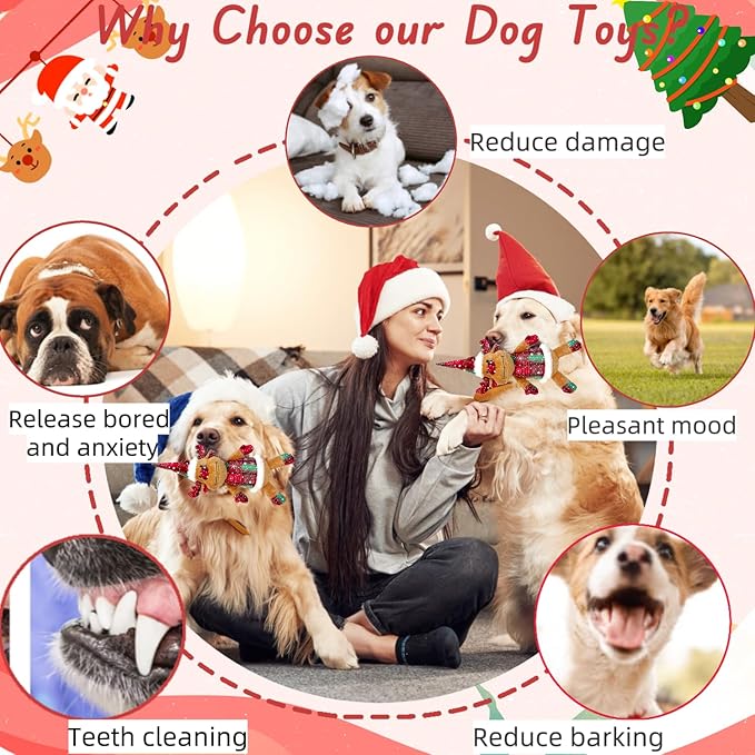 Christmas Dog Squeaky Toys with Crinkle, Xmas Interactive Plush Dog Toys, Dog Enrichment Chew Toys to Keep Them Busy, Dog Toys for Small Medium Large Size, Puppy Toys (Hat Deer)