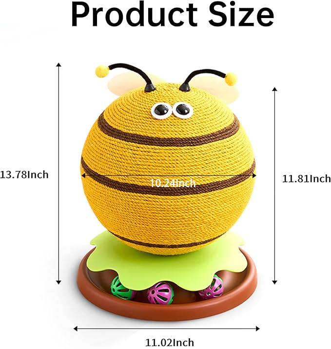 3-in-1 Modern Cat Ball Scratcher & Cat Toys for Indoor Cats/Kittens, Cute Orange/Frog/Bee Design with Bell Ball Track, Natural Sisal Cat Scratching Post, Space-Saving Interactive Cat Scratcher