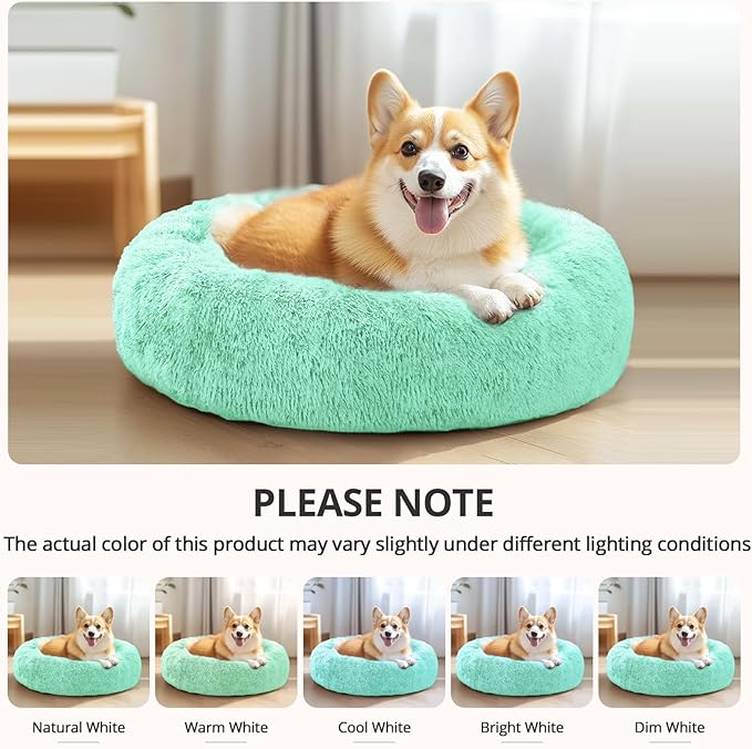 JOLLYVOGUE Calming Dog & Cat Bed for Small Dogs, Anti-Anxiety Donut Cuddler Cozy Soft Round Bed with Anti-Slip Bottom, Fluffy Faux Fur Plush Cushion Beds for Small Medium Pets (23")
