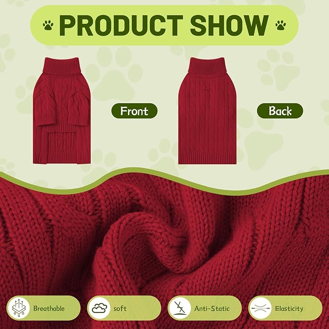Small Dog Thermal Pullover Sweater, Classic Turtleneck Cable Knitwear Dog Clothes for Cold Weather Warm Pet Clothes for Chihuahua, Bulldog, Dachshund, Pug Red Small