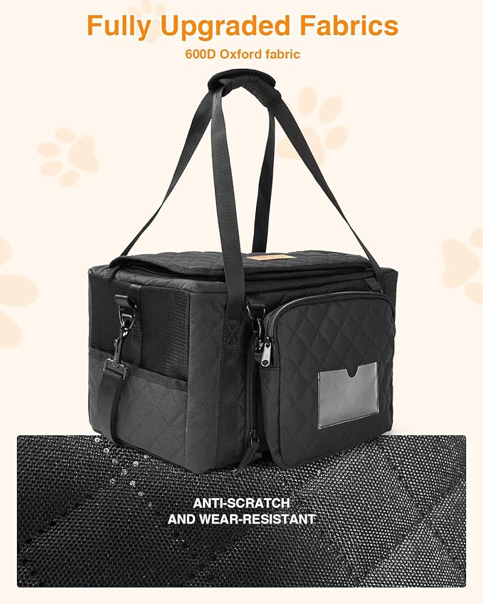 PETUX Collapsible Airline Approved Cat Carrier - 16" x 10" x 9.5", Double Anti-Escape, Small Pet Travel Bag for Small Cats Under 10 lb with Removable Snack Bag, Safety Buckle ＆ Leash - Black
