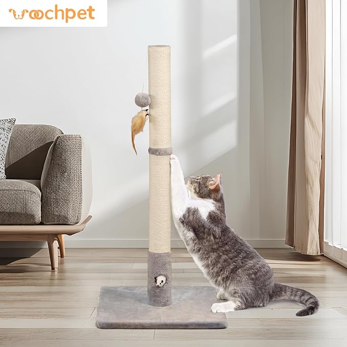 34‘’ Tall Cat Scratching Post with Premium Sisal Rope for Indoor Scratcher Post Tree for Indoor Cat Toy with Mouse Hole, Hanging Ball for Adult Cats and Kittens