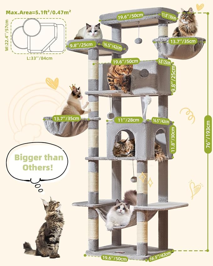 Taoqimiao Tall Cat Tree, 76-Inch Cat Tower with Scratching Posts，Sturdy Cat tree for Indoor Cats Large Adult with 2 Condos, 2 Perches, 2 Hanging Baskets, Hammock, 8 Scratching Posts, MS046W Light Gray