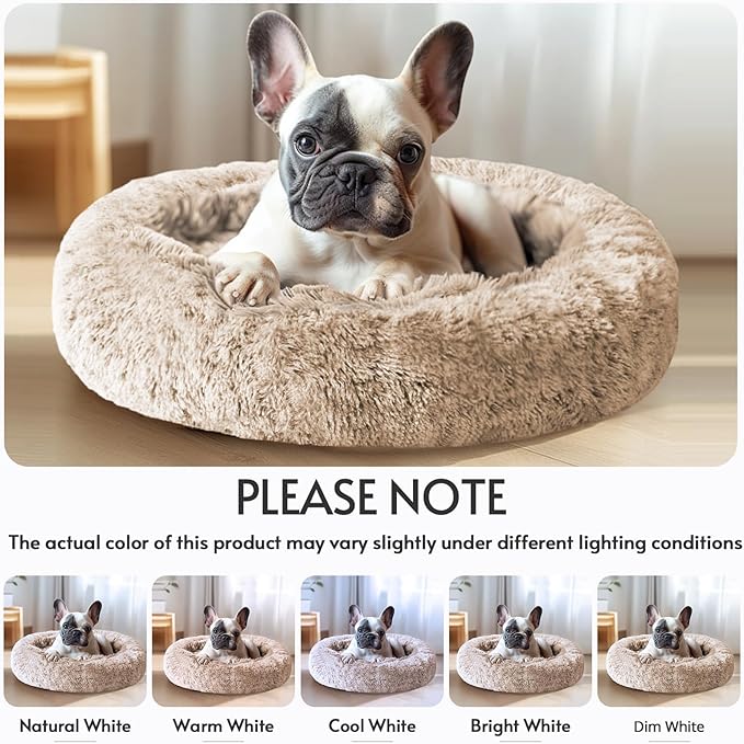 JOLLYVOGUE Calming Dog & Cat Bed for Small Dogs, Anti-Anxiety Donut Cuddler Cozy Soft Round Bed with Anti-Slip Bottom, Fluffy Faux Fur Plush Cushion Beds for Small Medium Dogs (20")