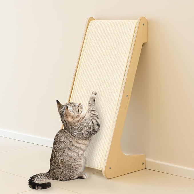 PETKARAY L Shape Cat Scratcher, Sisal Kitty Scratching Ramp, Vertical Scratch Pad for Indoor Cats, 25.3" Furniture Protector with Catnip, White
