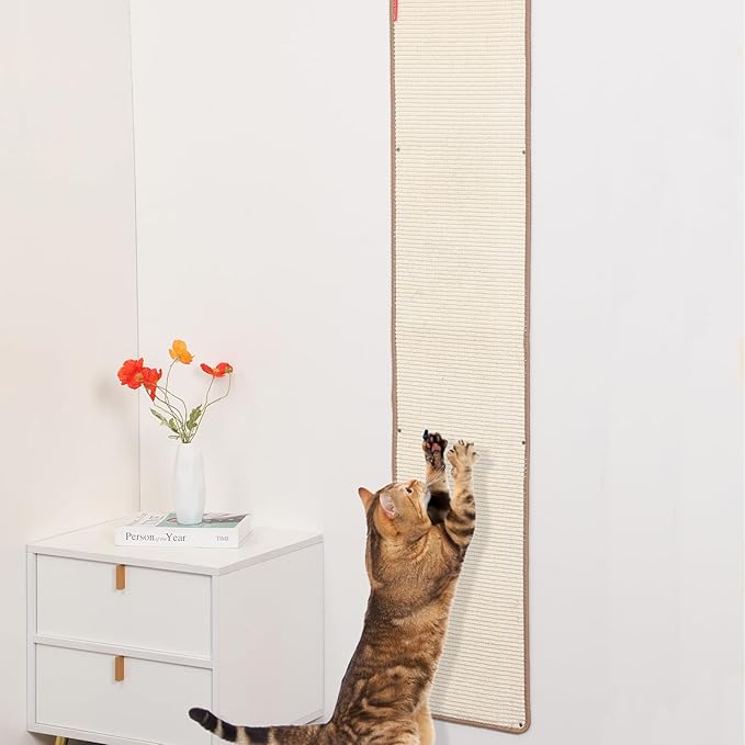 66.93x13.38x0.32 inch Thickened Cat Wall Scratcher Carpet, Cat Climbing Wall, Durable Cat Wall Furniture, Tall Cat Scratching Post, Wall Scratchers for Indoor Cats Sofa Protector (Beige-Velcro Strap)