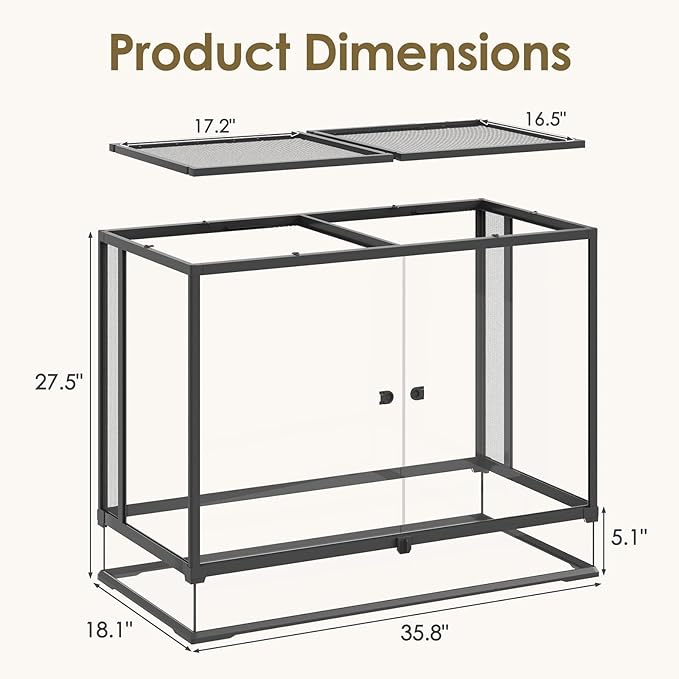 Erinnyees 74 Gallon Reptile Terrarium with Top Screen Ventilation, Snake Habitat with Heating Pad Space, Front Opening Reptile Vivarium with Sliding Cable Outlet for Leopard Geckos, Snakes, Turtles