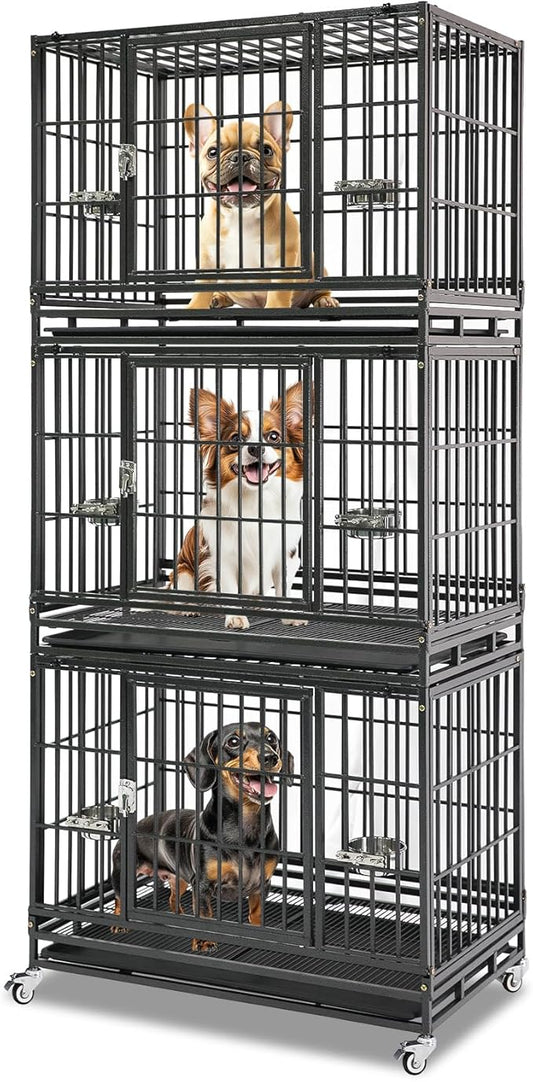 Three Levels 36 Inch Heavy Duty Stackable Dog Crate for Medium Dogs, Indestructible Escape Proof Dog Crate Cage with Bowls & Lockable Wheels, Double Door, Removable Tray and Metal Grids