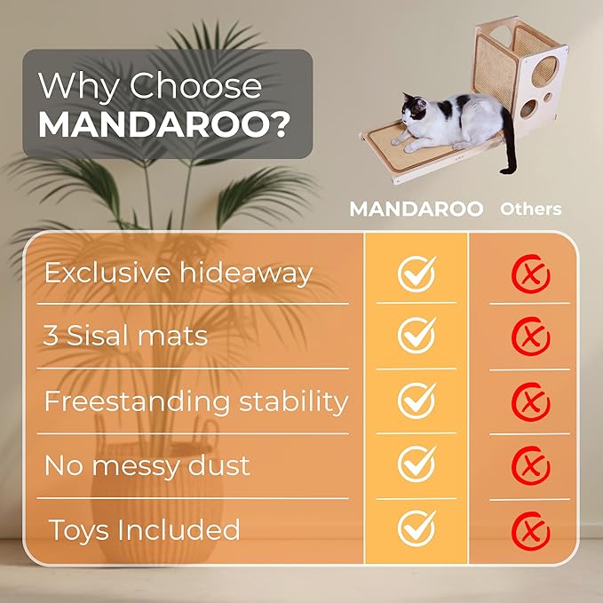 L Shaped Cat Scratching Post with Toy – Sisal Scratch Pad & Hideaway for Indoor Cats | 33'" Vertical & Horizontal No Mess Scratching Ramp for Large Cats – MANDAROO