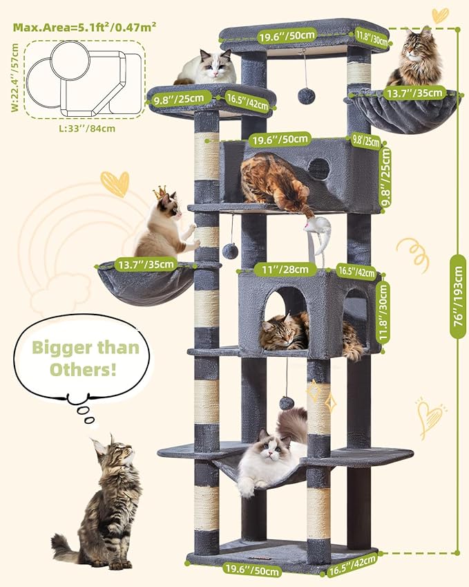 Taoqimiao Tall Cat Tree, 76-Inch Cat Tower with Scratching Posts，Sturdy Cat tree for Indoor Cats Large Adult with 2 Condos, 2 Perches, 2 Hanging Baskets, Hammock, 8 Scratching Posts, MS046G Smoke Gray
