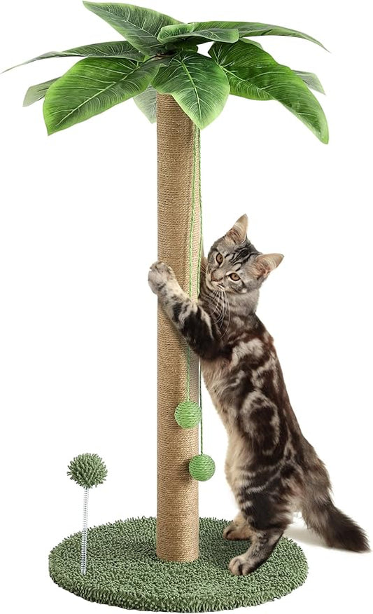 KIGOTY Cat Scratching Post Cat Scratcher, 33 inch Tall Scratching Post with Sisal Rope,Cute Cat Tree with Hanging Interactive Ball, Spring Ball Toys