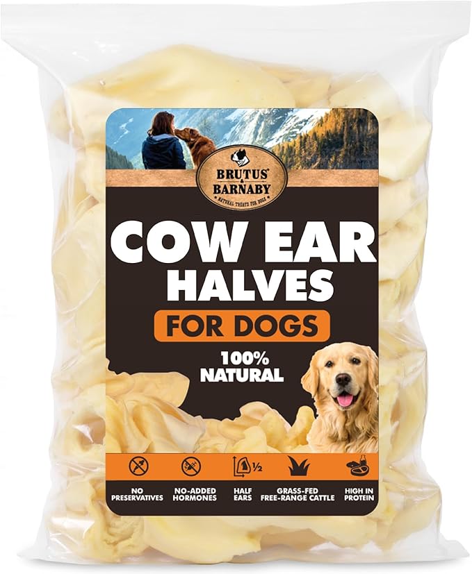 BRUTUS & BARNABY Cow Ears for Dogs – Halves 12 ct, Thick Cut, Grass-Fed Angus Beef, All-Natural No-Rawhide Dog Treat Alternative
