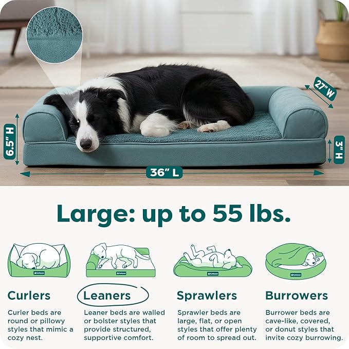 Furhaven Orthopedic Dog Bed for Large/Medium Dogs w/ Removable Bolsters & Washable Cover, For Dogs Up to 55 lbs - Plush & Suede Sofa - Deep Pool, Large