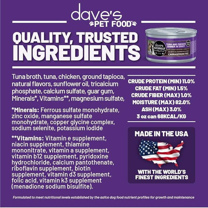 Dave's Pet Food Grain Free Wet Cat Food (Tuna & Chicken in Gravy), Naturally Healthy Canned Added Vitamins & Minerals, Wheat & Gluten-Free, 3 oz (24 Pack)